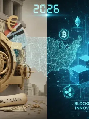 Comparativa visual entre los sistemas de ahorro de blockchain y la banca tradicional en Estados Unidos para 2026.