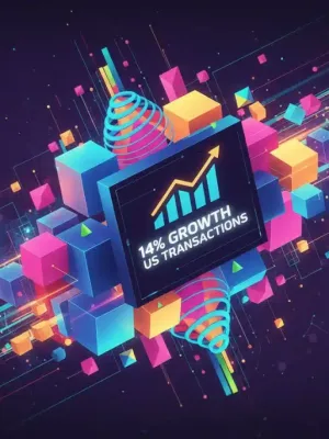 Arte digital abstracto representando el dinámico crecimiento del mercado NFT en Estados Unidos, con formas geométricas y un gráfico ascendente.