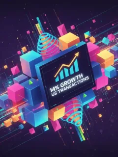 Arte digital abstracto representando el dinámico crecimiento del mercado NFT en Estados Unidos, con formas geométricas y un gráfico ascendente.